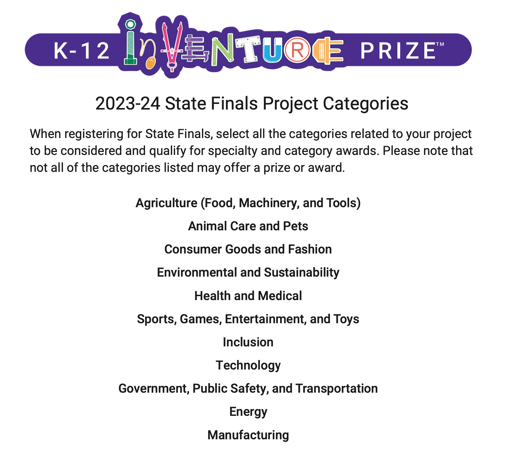 2023-24 K-12 InVenture Prize Project Categories